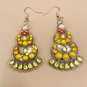Boho yellow rhinestone dangle earring. Handmade. Decorated on both sides.